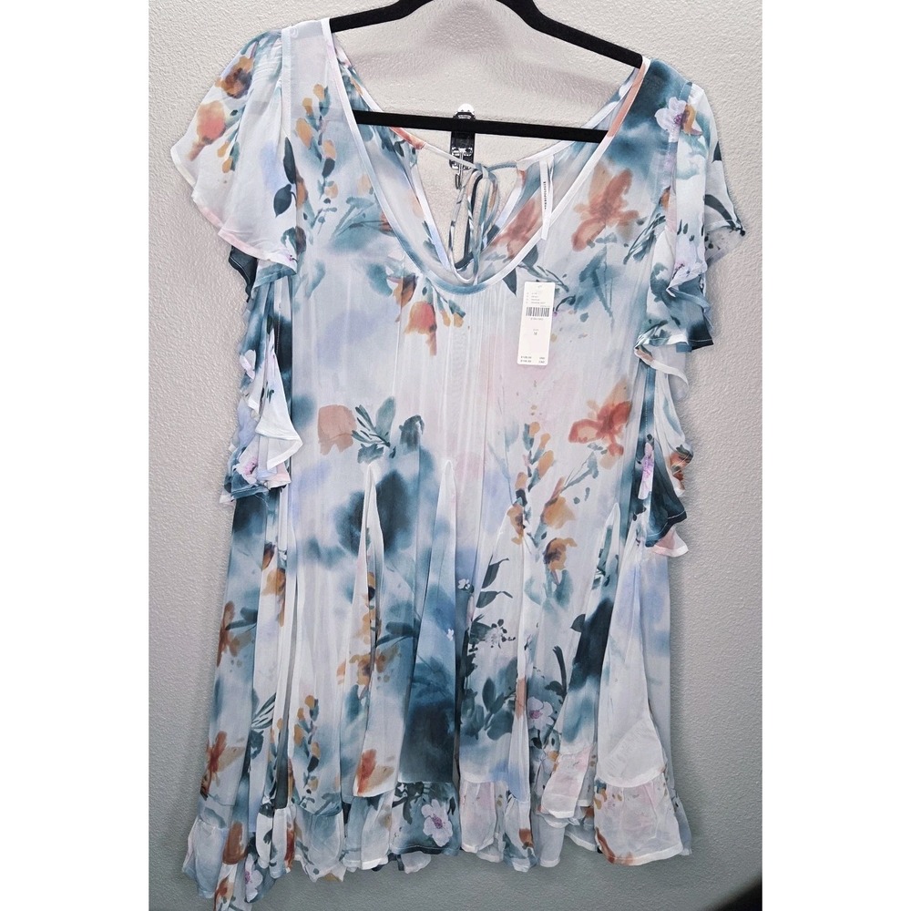 Anthropologie Sheer Floral Ruffle Tunic Blouse Watercolor Flowy Boho Size M‎ NWT